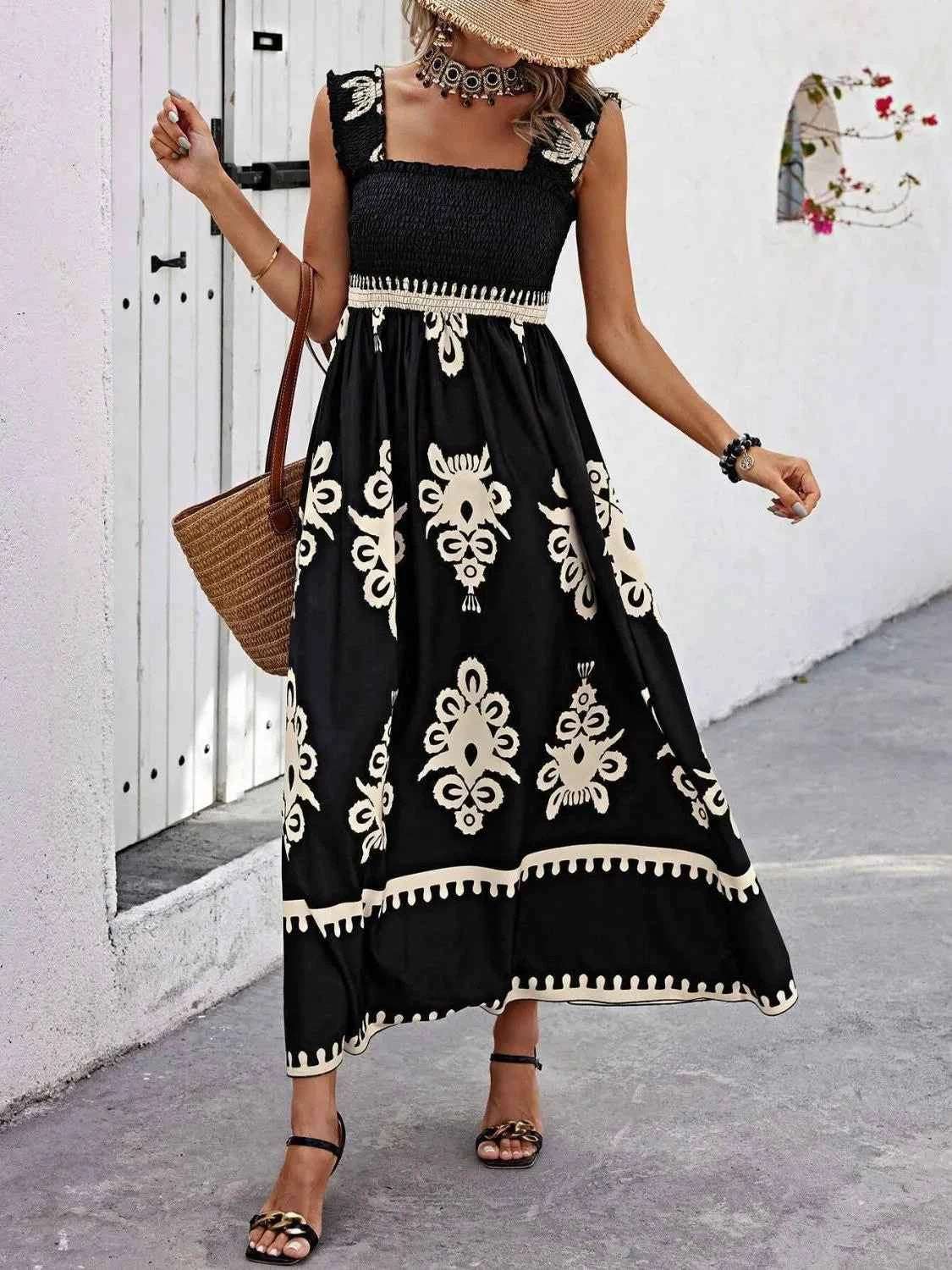 Smocked Printed Wide Strap Maxi Dress.