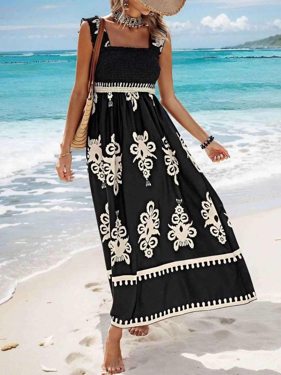 Smocked Printed Wide Strap Maxi Dress.