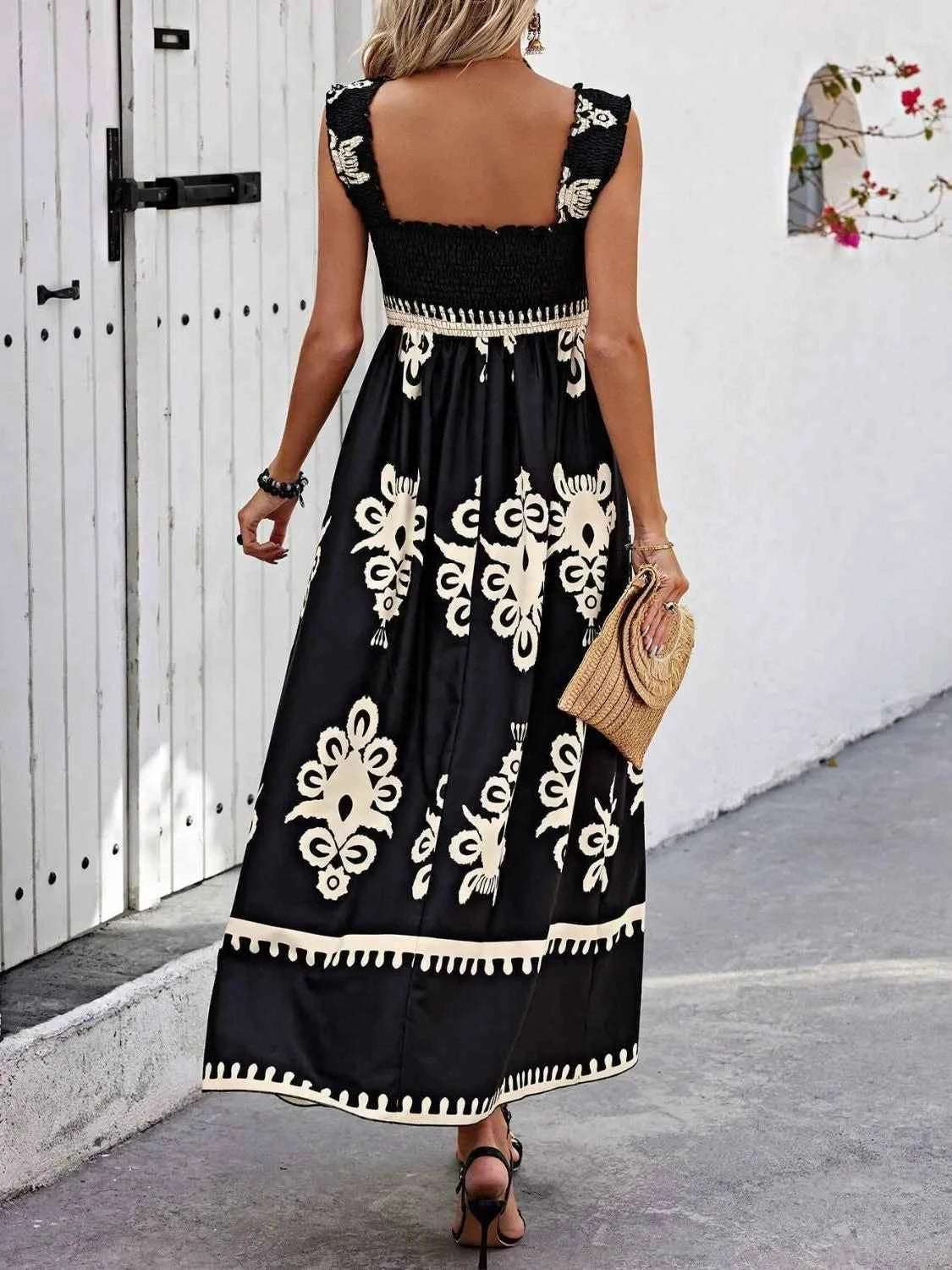 Smocked Printed Wide Strap Maxi Dress.