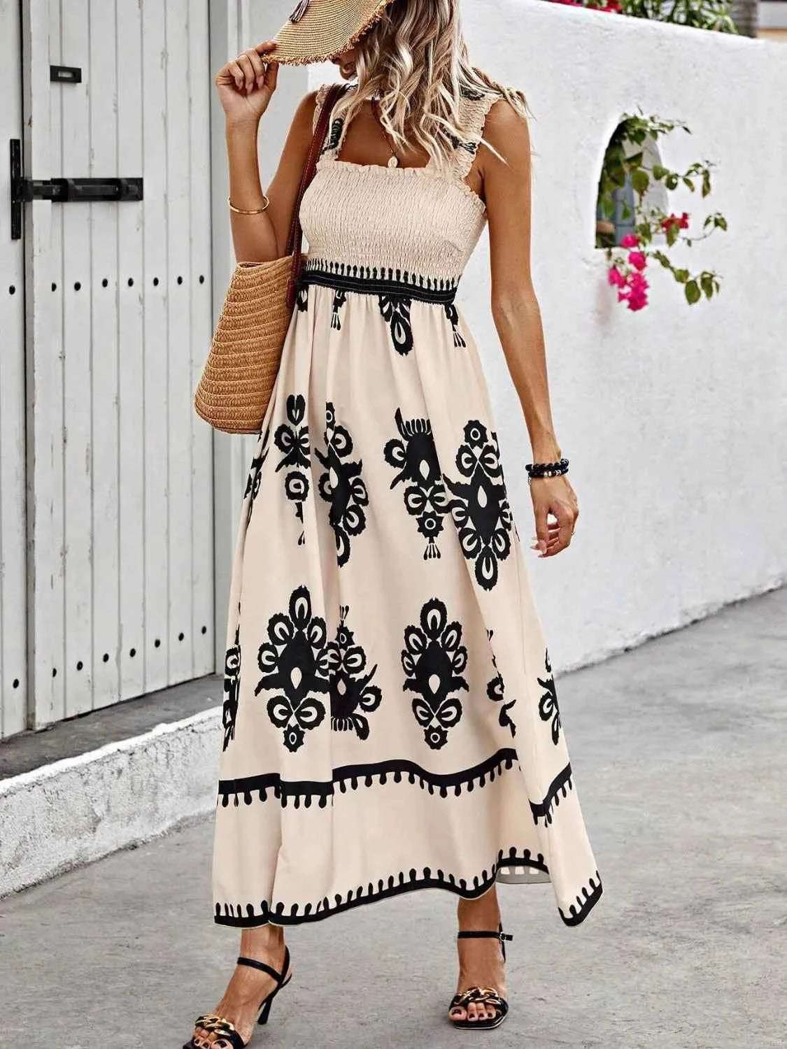 Smocked Printed Wide Strap Maxi Dress.