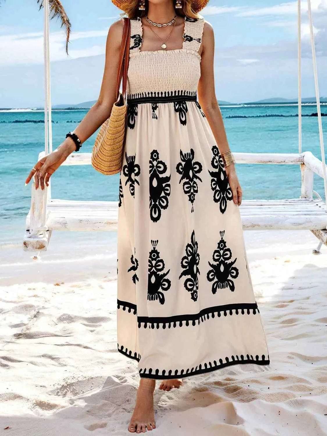 Smocked Printed Wide Strap Maxi Dress.