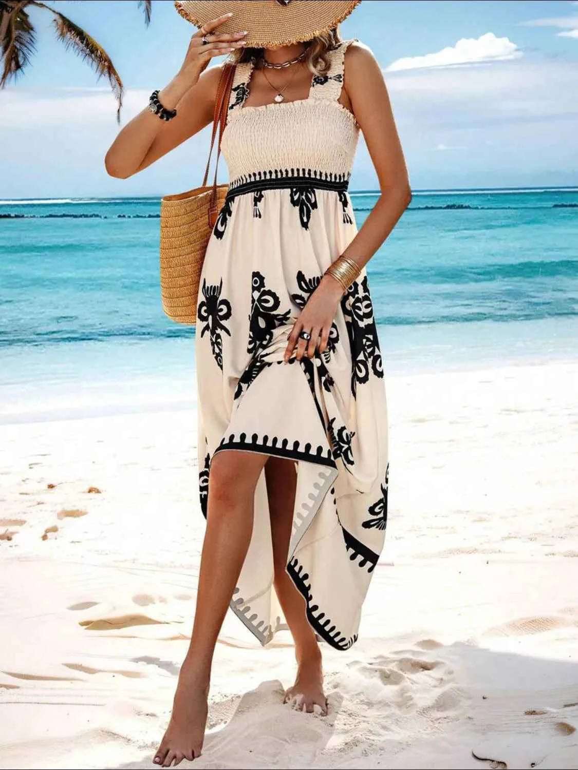 Smocked Printed Wide Strap Maxi Dress.