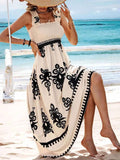 Smocked Printed Wide Strap Maxi Dress.