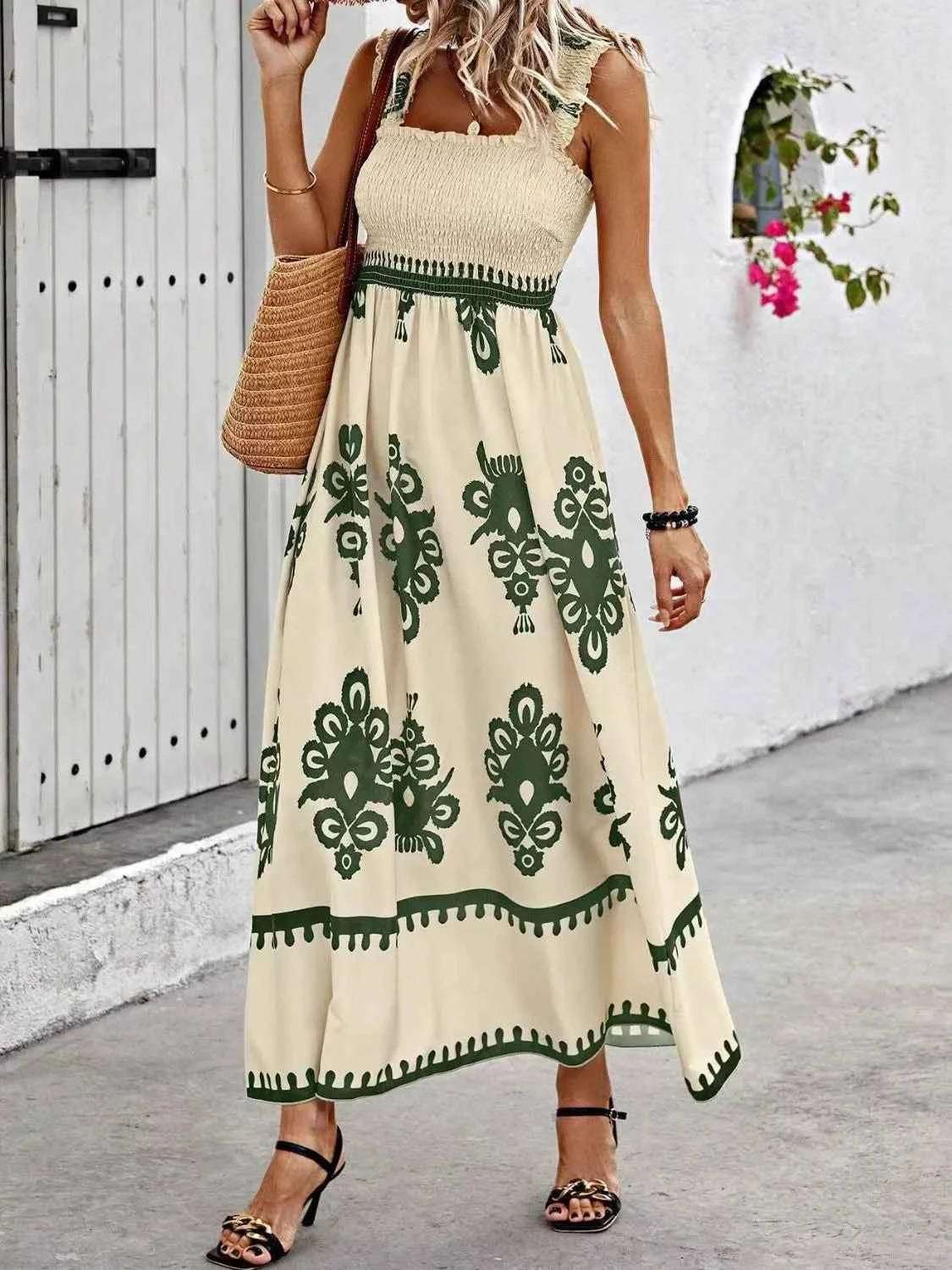 Smocked Printed Wide Strap Maxi Dress.