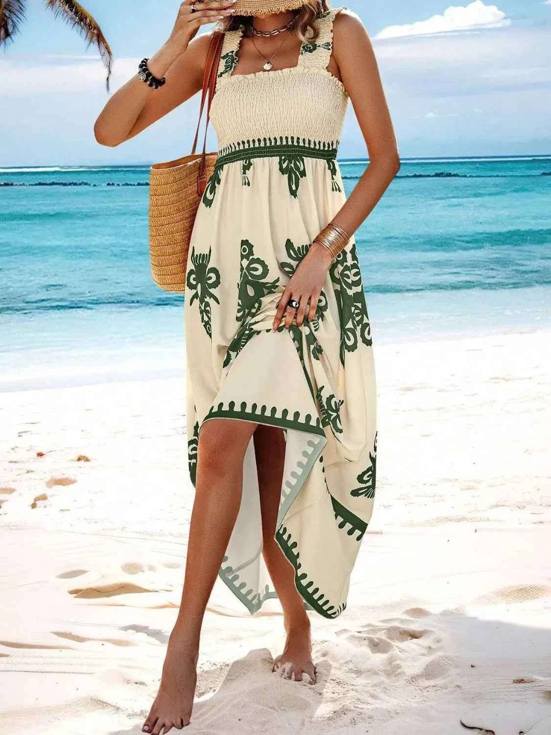 Smocked Printed Wide Strap Maxi Dress.