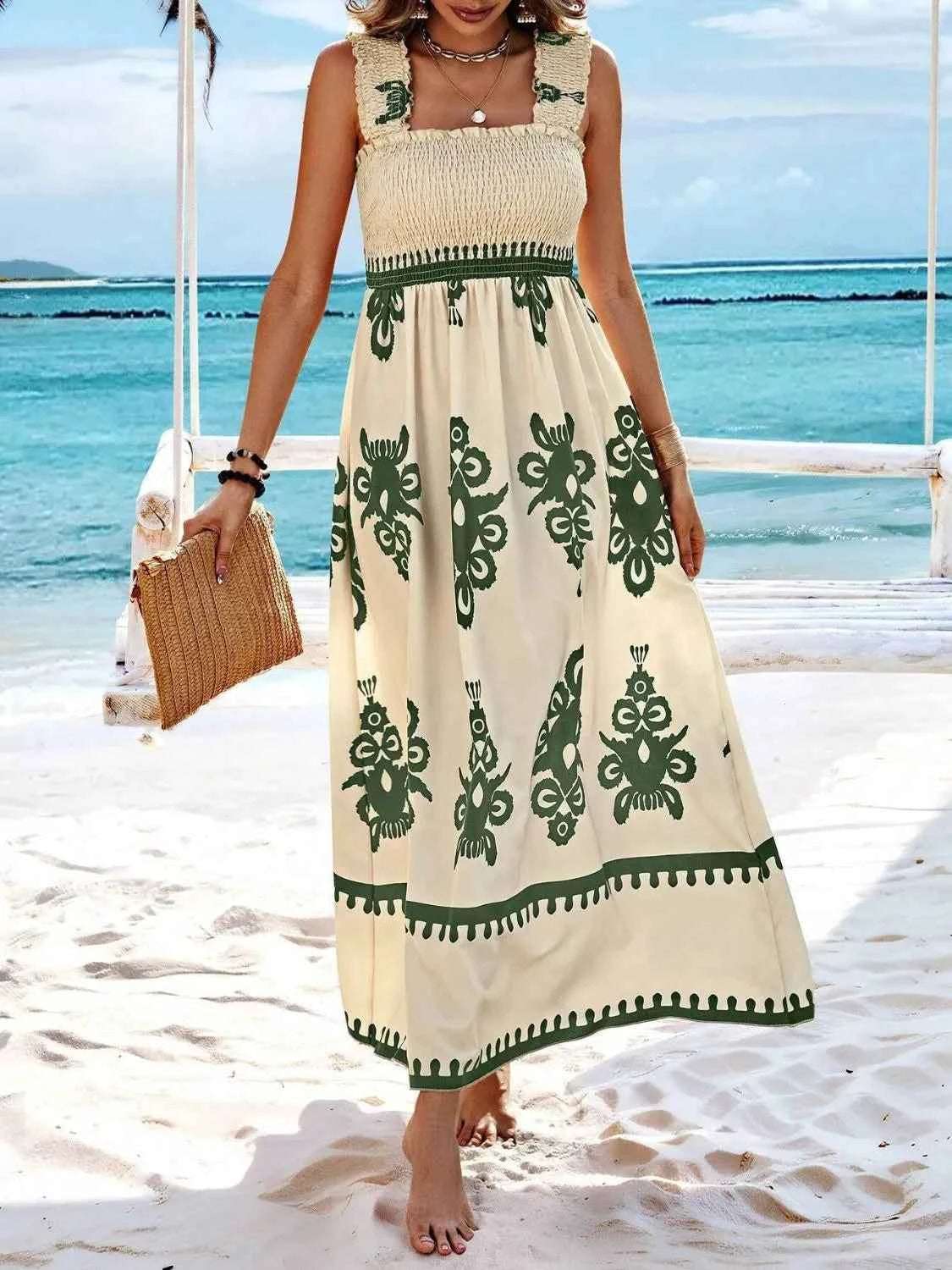 Smocked Printed Wide Strap Maxi Dress.