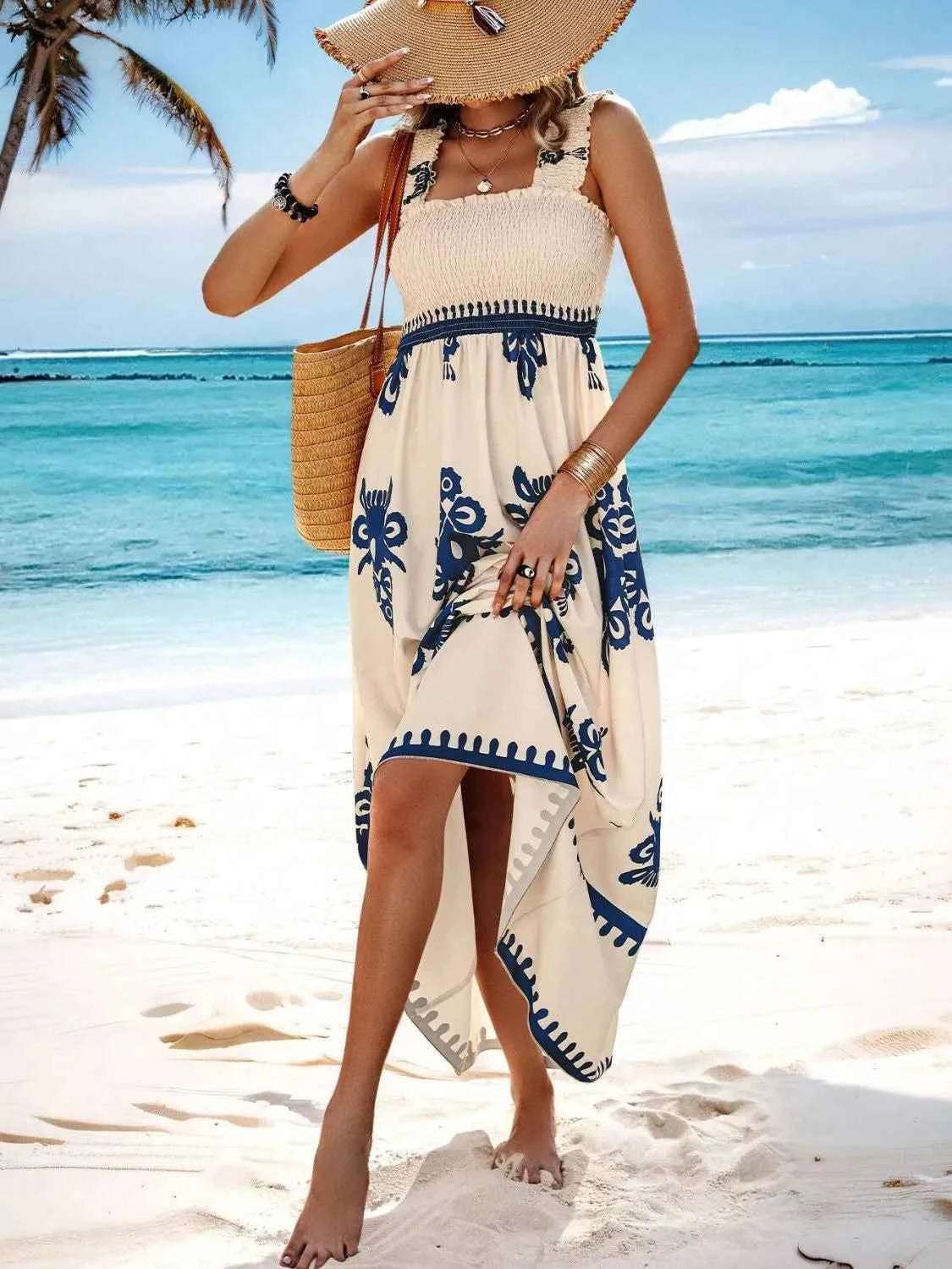 Smocked Printed Wide Strap Maxi Dress.
