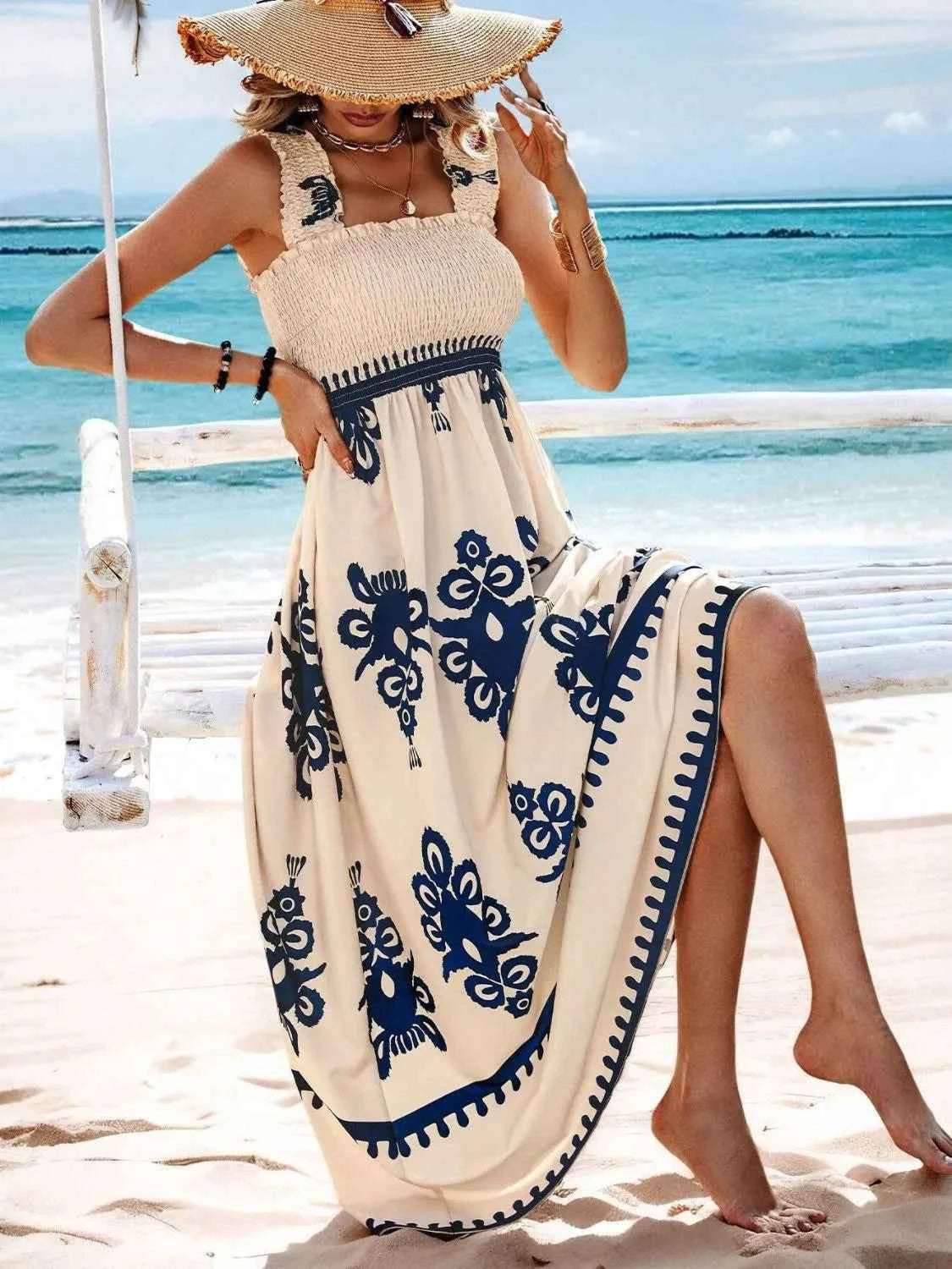 Smocked Printed Wide Strap Maxi Dress.