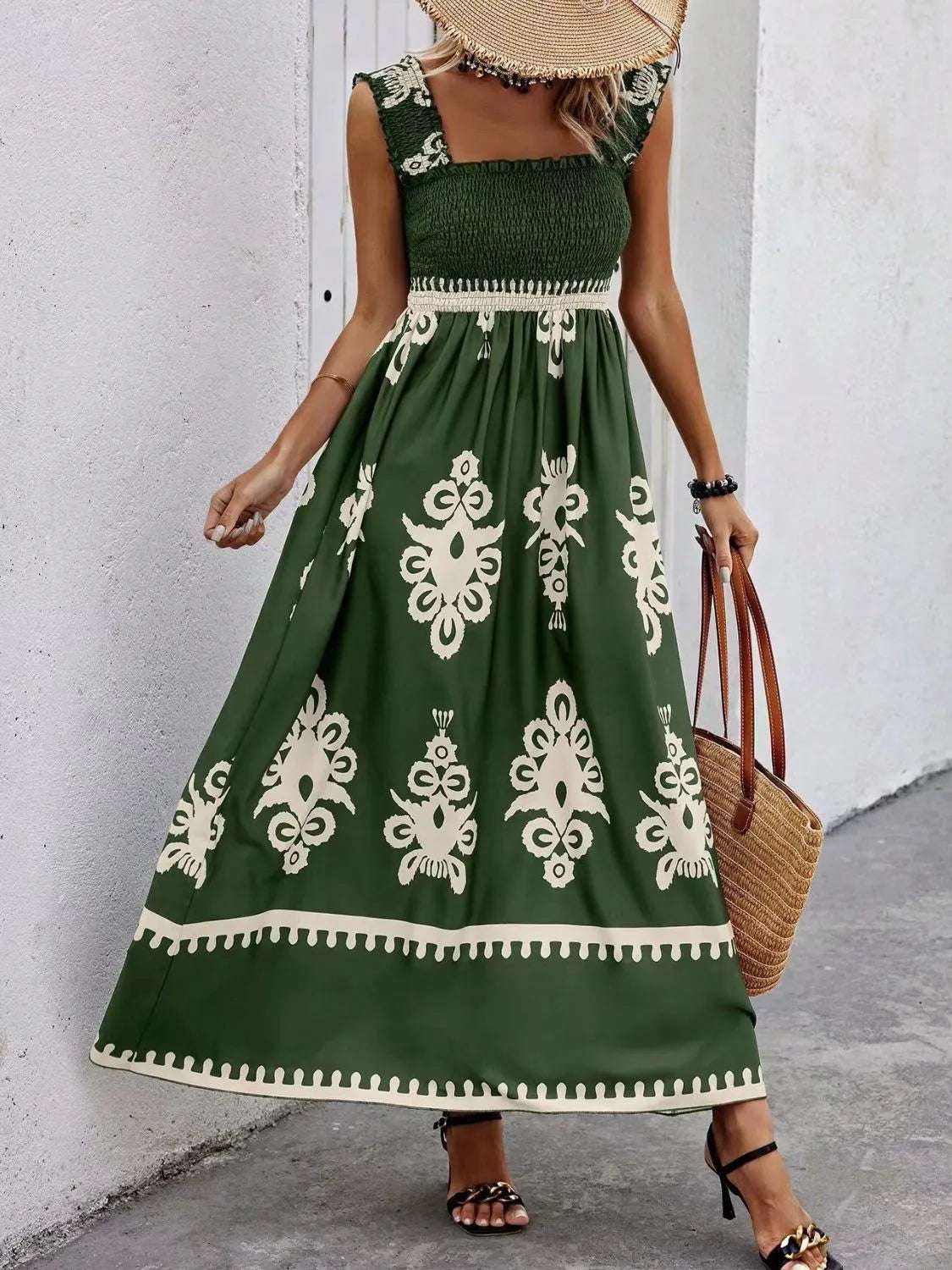 Smocked Printed Wide Strap Maxi Dress.