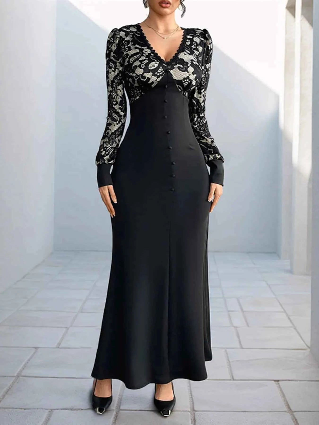 Lace V-Neck Long Sleeve Maxi Dress.