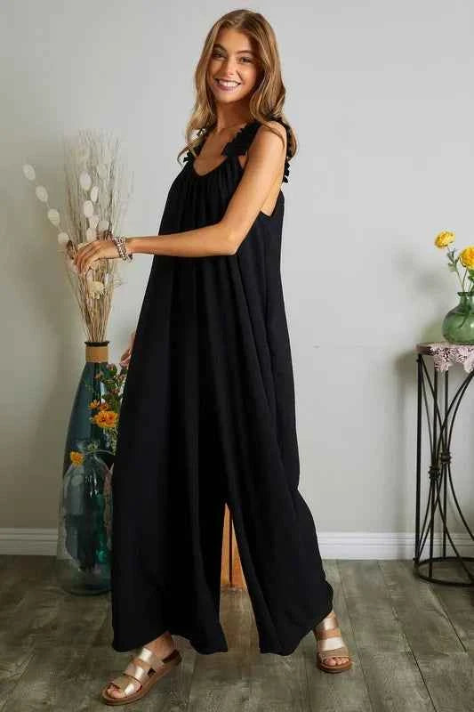 ADORA Plus Size Elastic Ruffle Shoulder Jumpsuit.