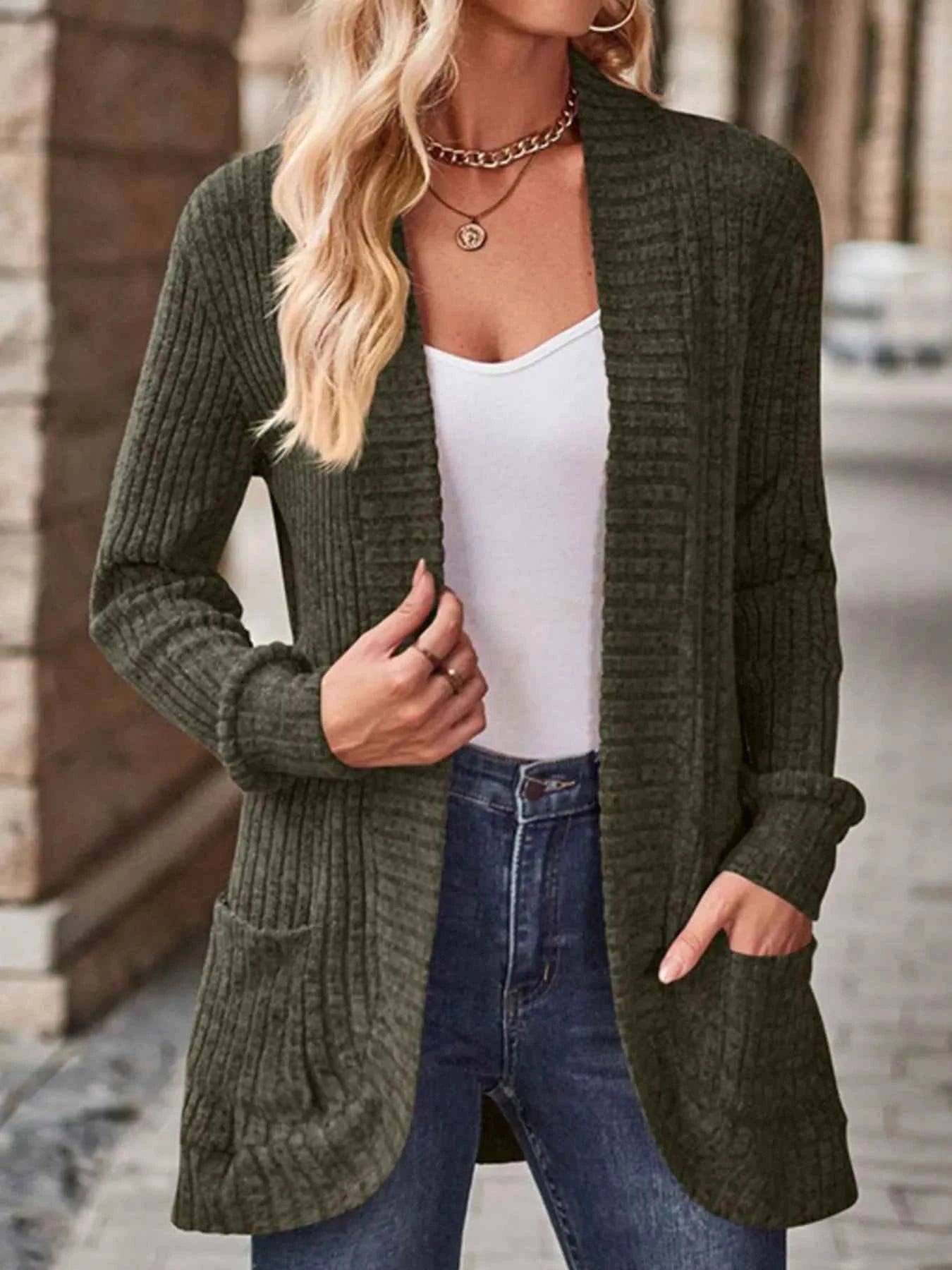 Ribbed Knit Open Front Cardigan with Pockets.