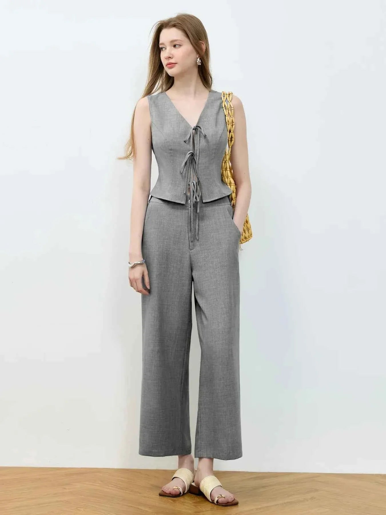 Tie Front Vest and Wide Leg Pants Set.