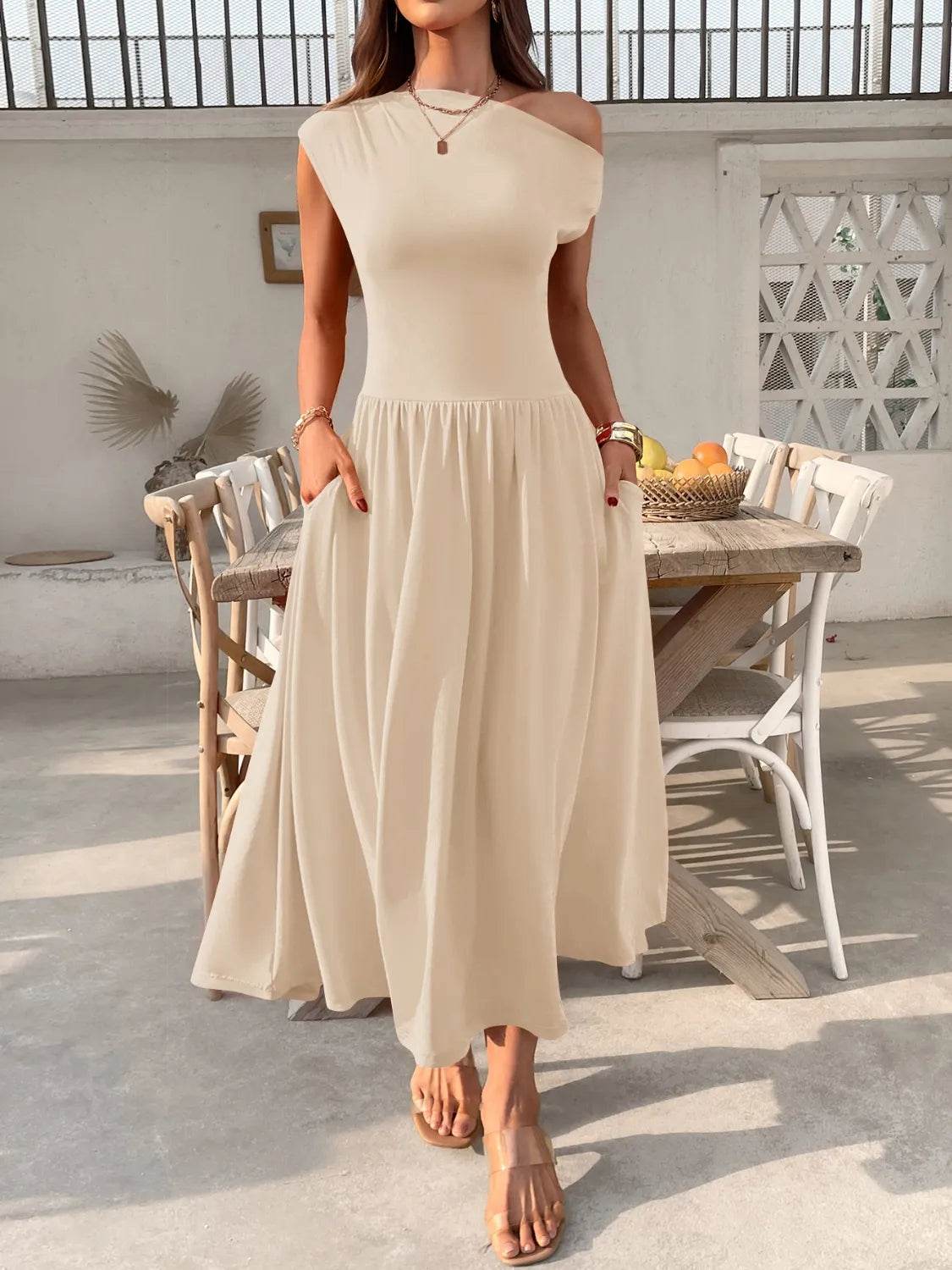 Single Shoulder Dress with Pockets.