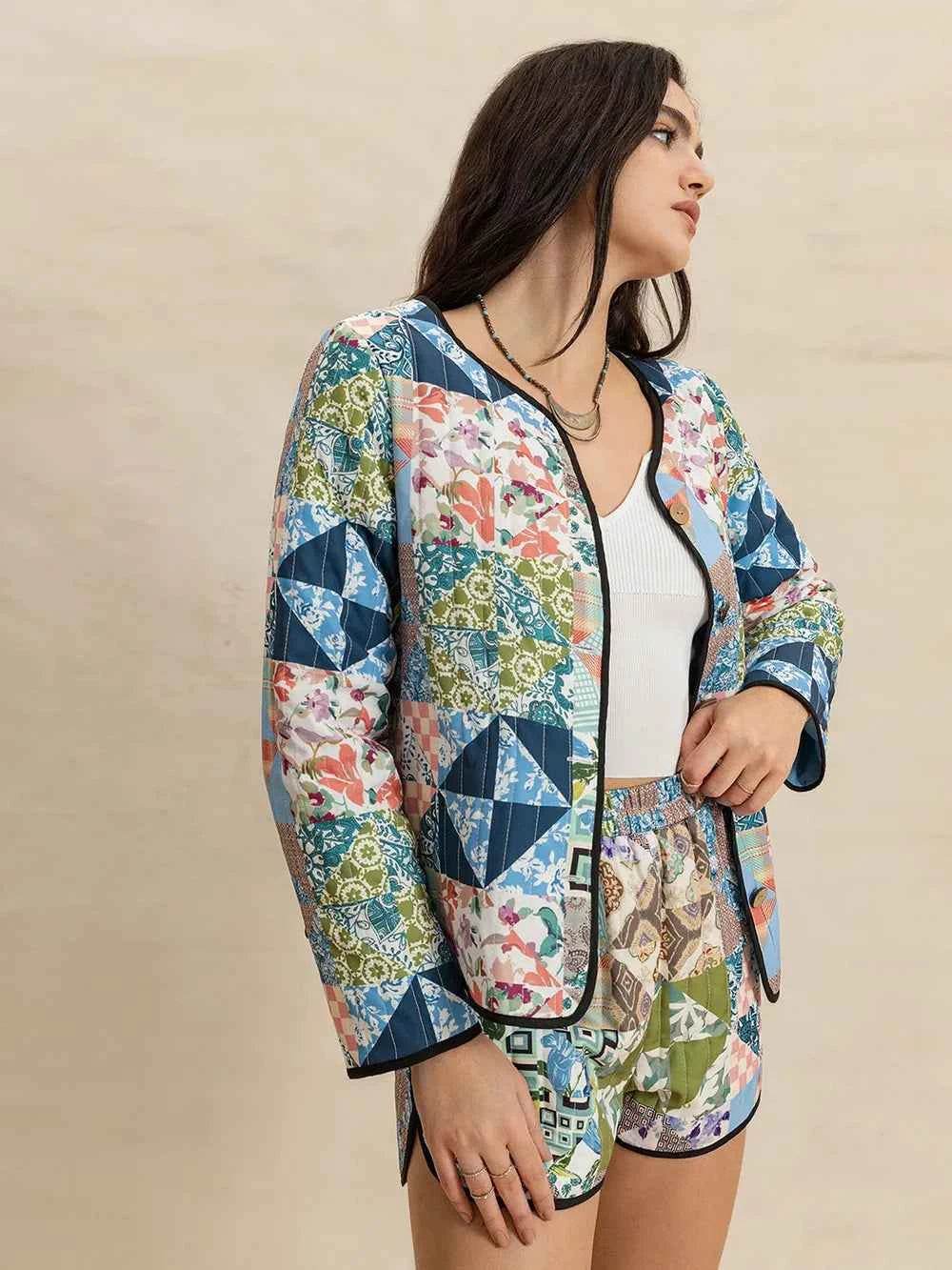 Printed Button Up Long Sleeve Outerwear and Shorts Set - EBYNN