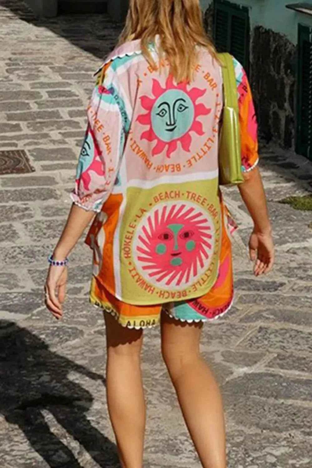 Printed Button Down Shirt and Shorts Set - EBYNN