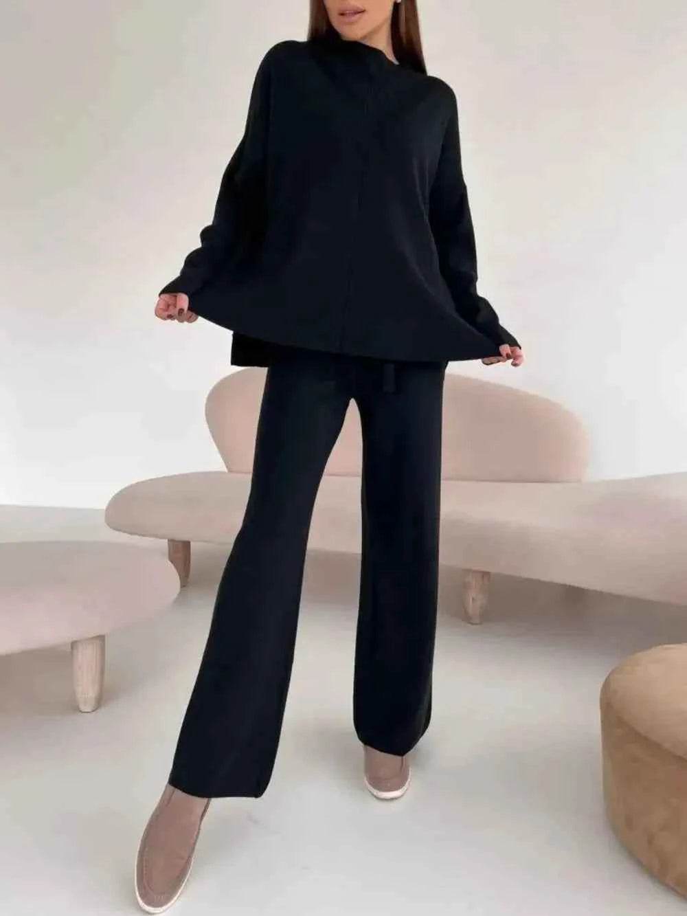 Slit Mock Neck Top and Pants Sweater Set - EBYNN