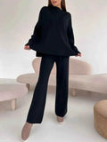 Slit Mock Neck Top and Pants Sweater Set - EBYNN