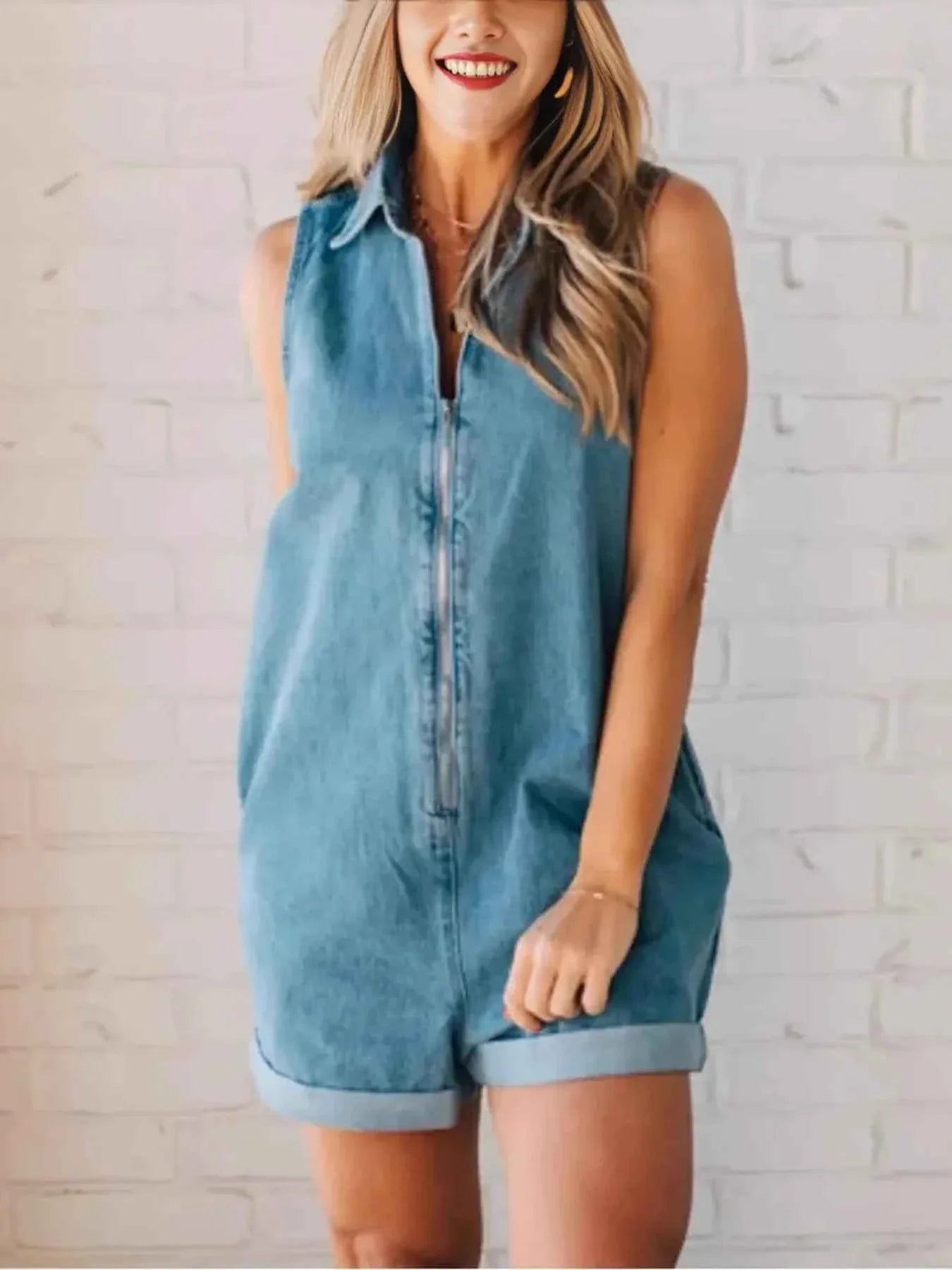 Zip Front Sleeveless Denim Romper.