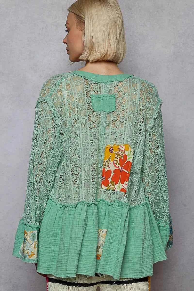 Mint Green Lace Ruffled Hem Open Front Cardigan.
