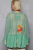 Mint Green Lace Ruffled Hem Open Front Cardigan.