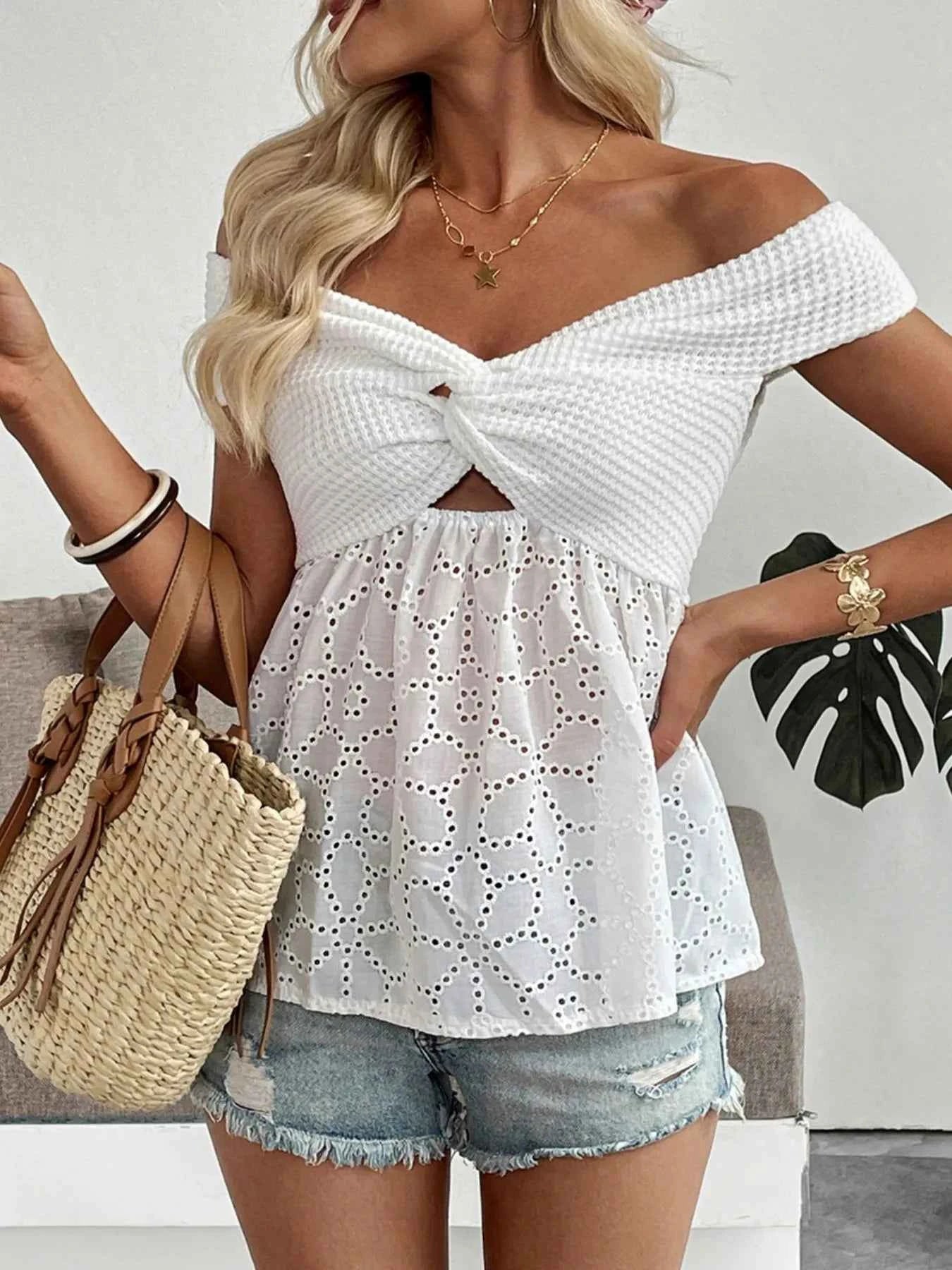 Eyelet Cutout Off-Shoulder Blouse.