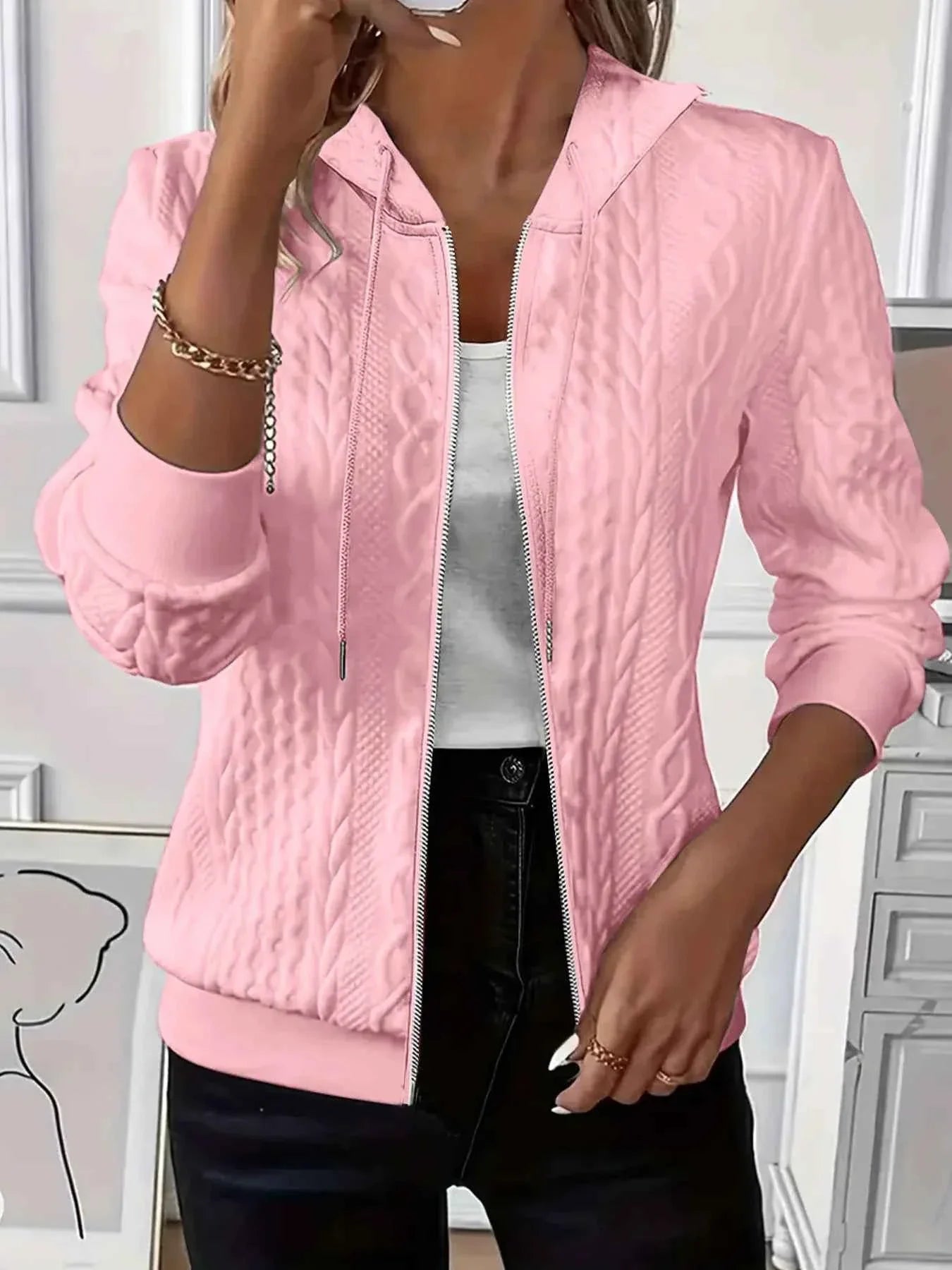 Drawstring Zip Up Hooded Jacket.