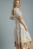 Umgee Geometric Printed Smocked Waist Midi Dress.