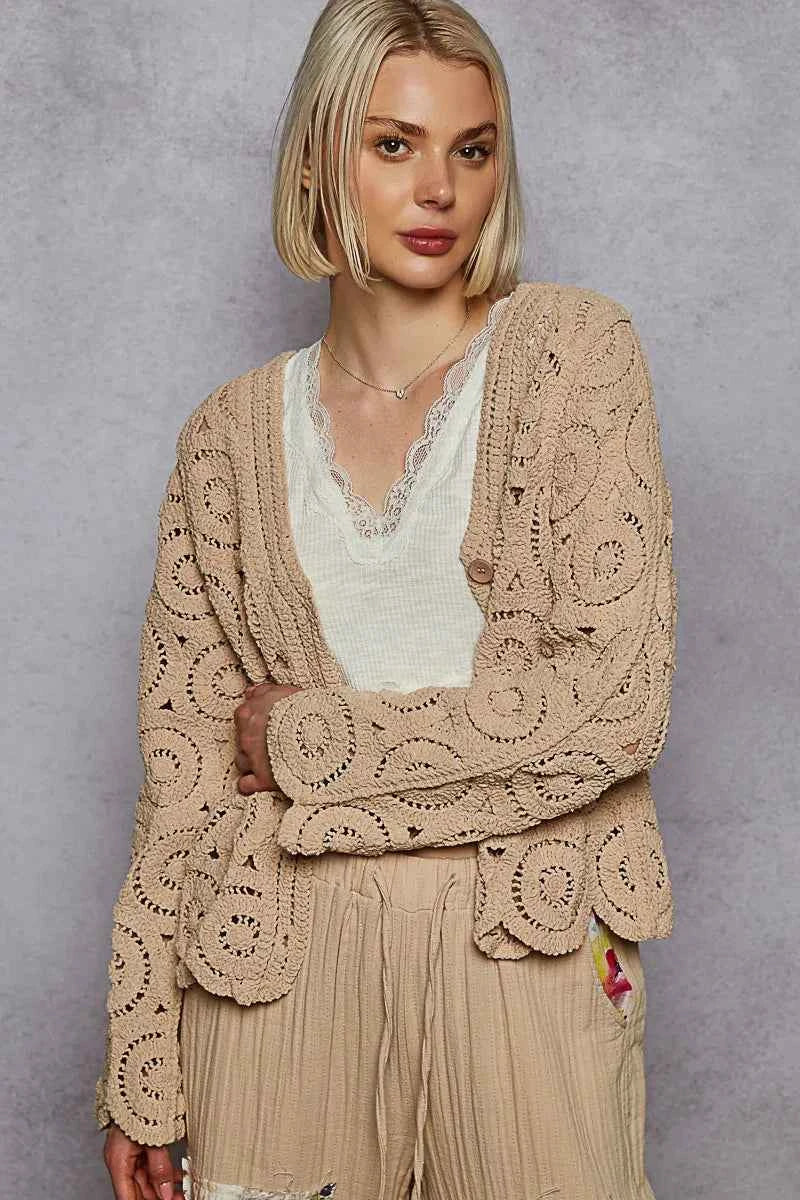 Button Down V-Neck Crochet Cardigan.