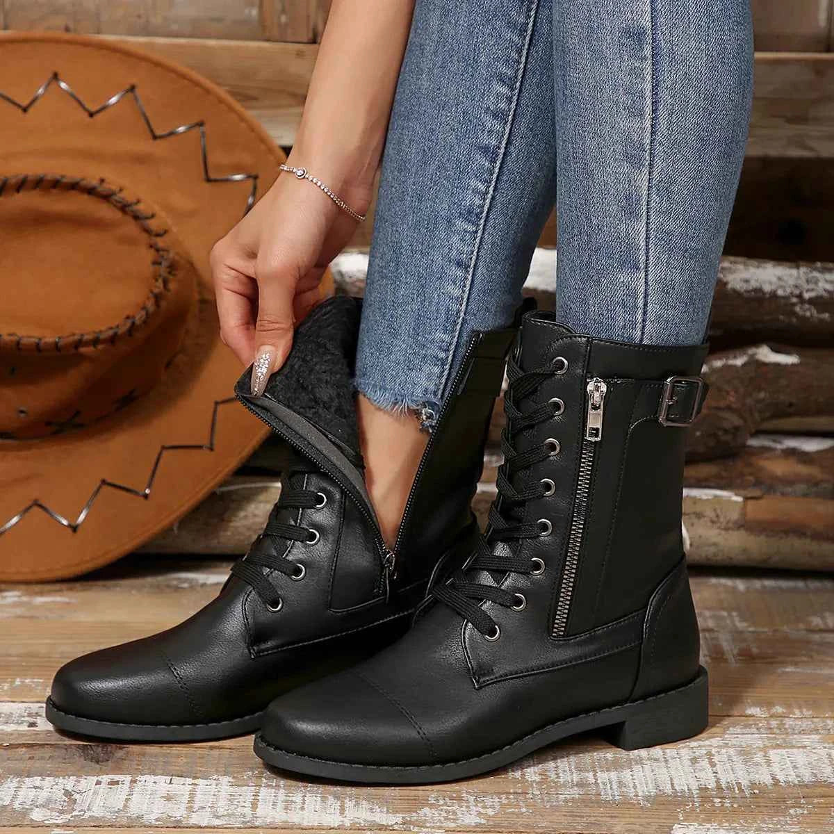 Round Toe Lace-Up Block Heels Boots.