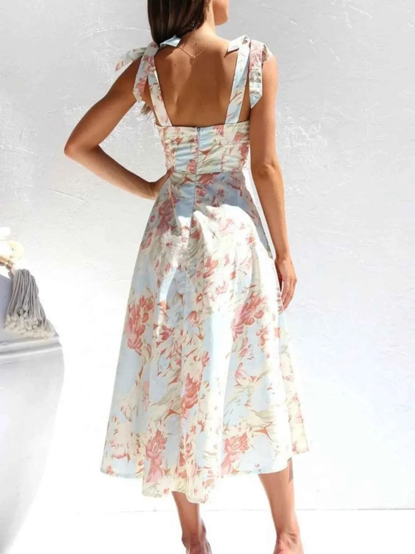Floral Tie-Strap Sweetheart Neck Midi Dress.