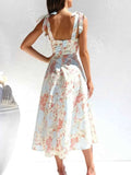 Floral Tie-Strap Sweetheart Neck Midi Dress.