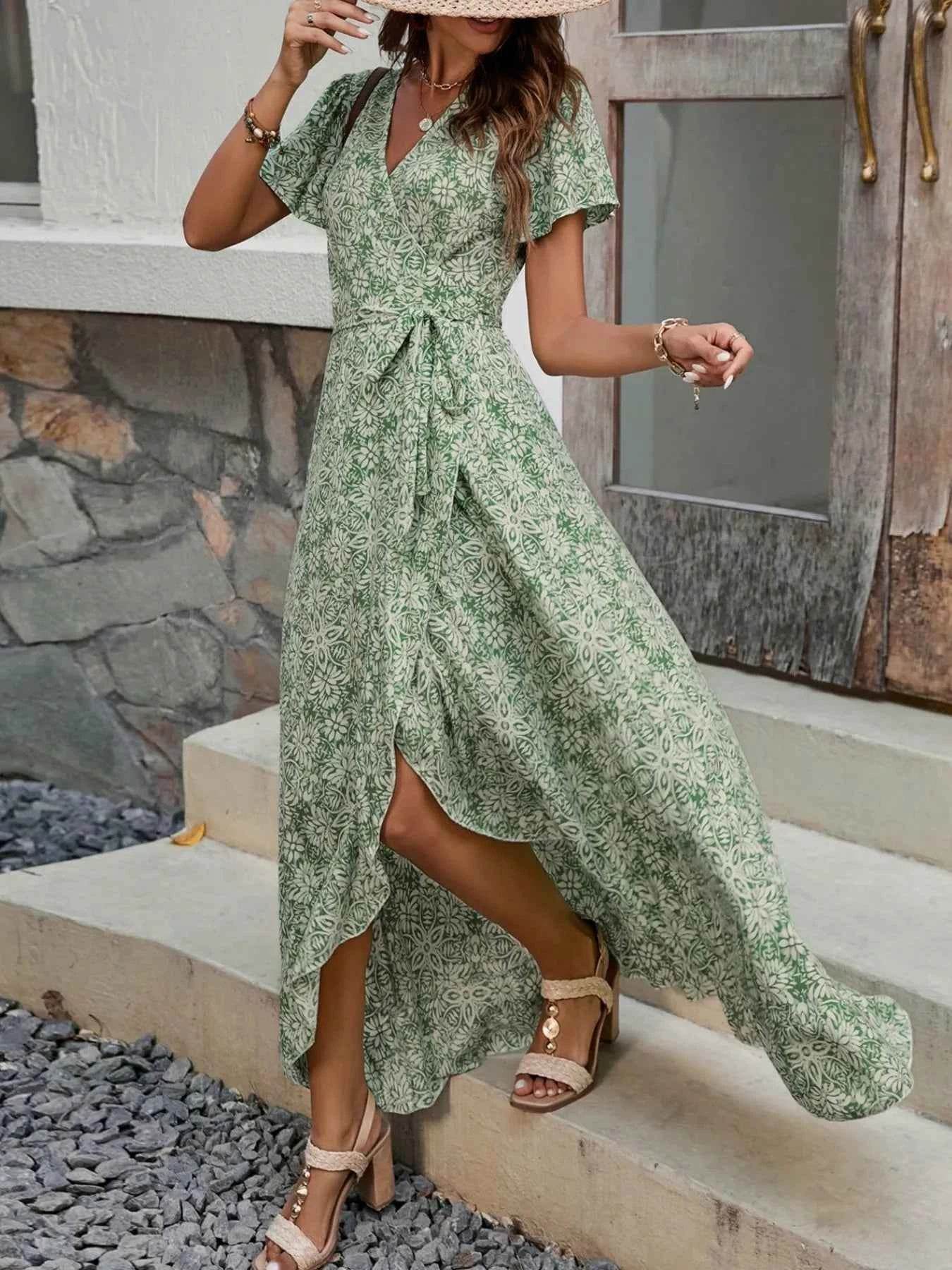 Printed Surplice Maxi Dress with Flutter Sleeves.