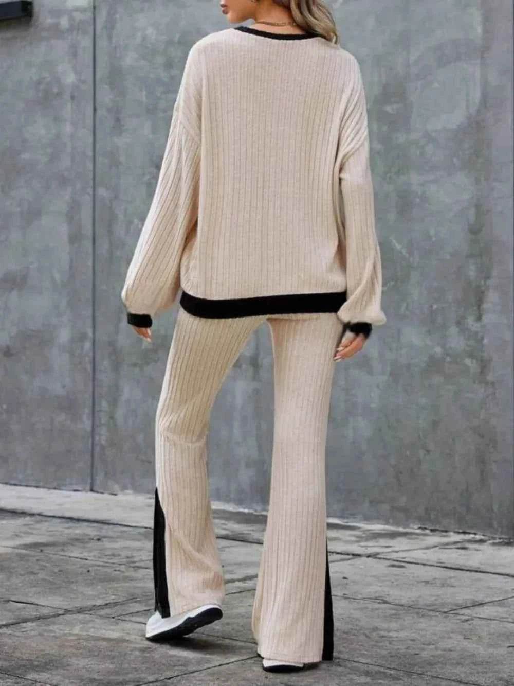 Contrast Round Neck Long Sleeve Top & Bootcut Pants Set.