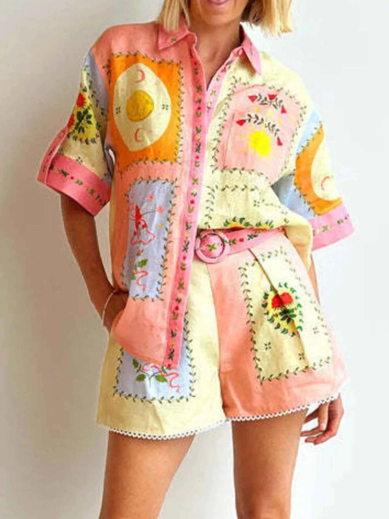 Printed Short Sleeve Shirt and Shorts Set.