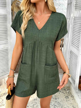 V-Neck Casual Short Sleeve Romper with Pockets.