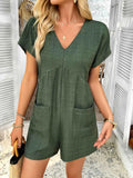 V-Neck Casual Short Sleeve Romper with Pockets.