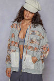 Floral and Lace Patch Washable Denim Zip-Up Jacket.