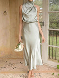 Asymmetrical Ruched Sleeveless Midi Dress.