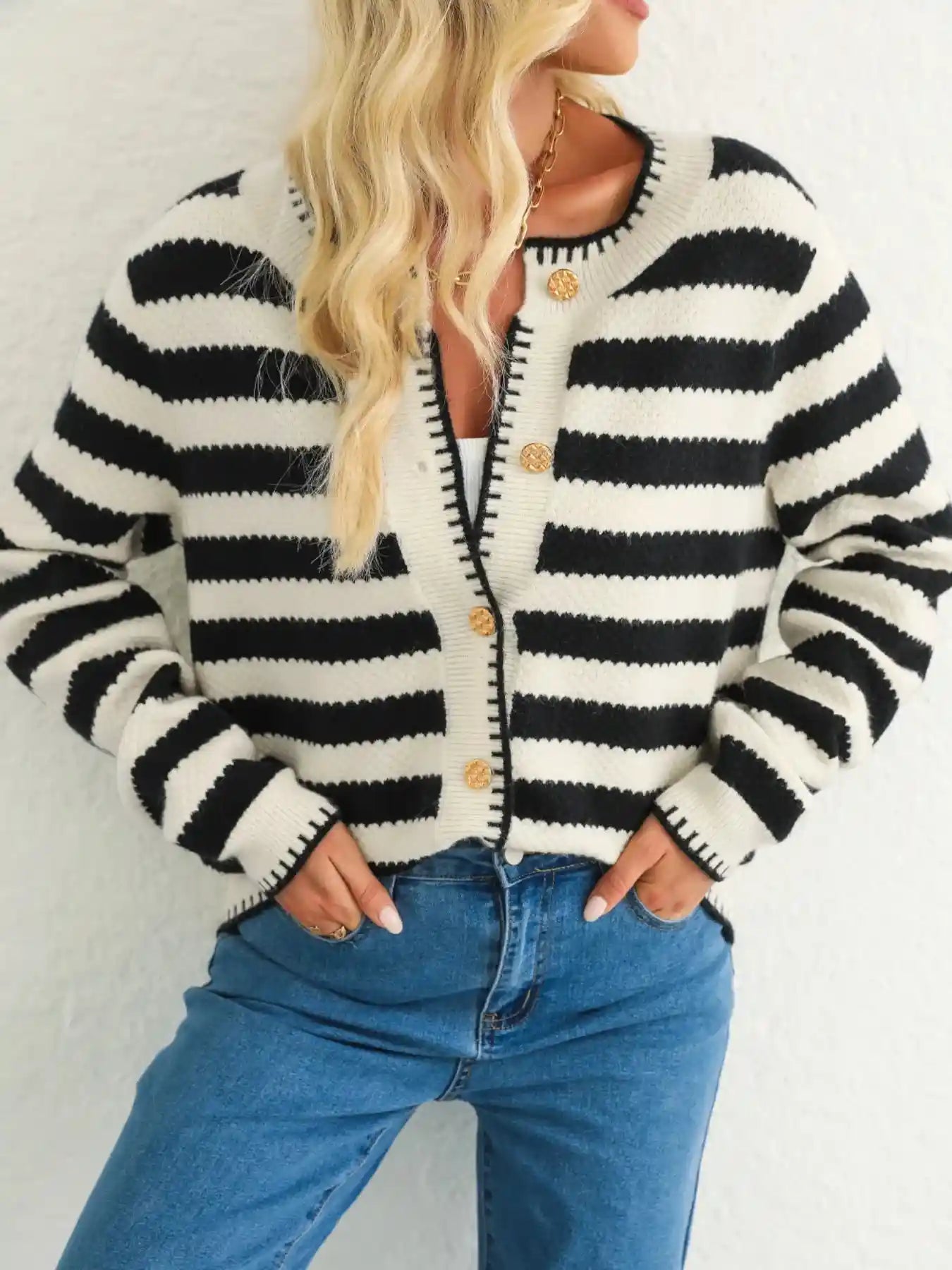 Button Down Striped Long Sleeve Cardigan.