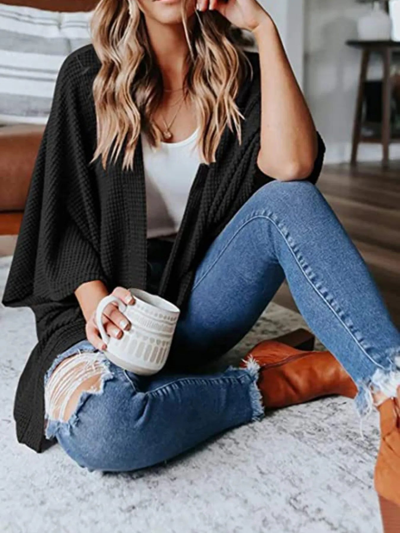 Plus Size Open Front Waffle Knit Cardigan.