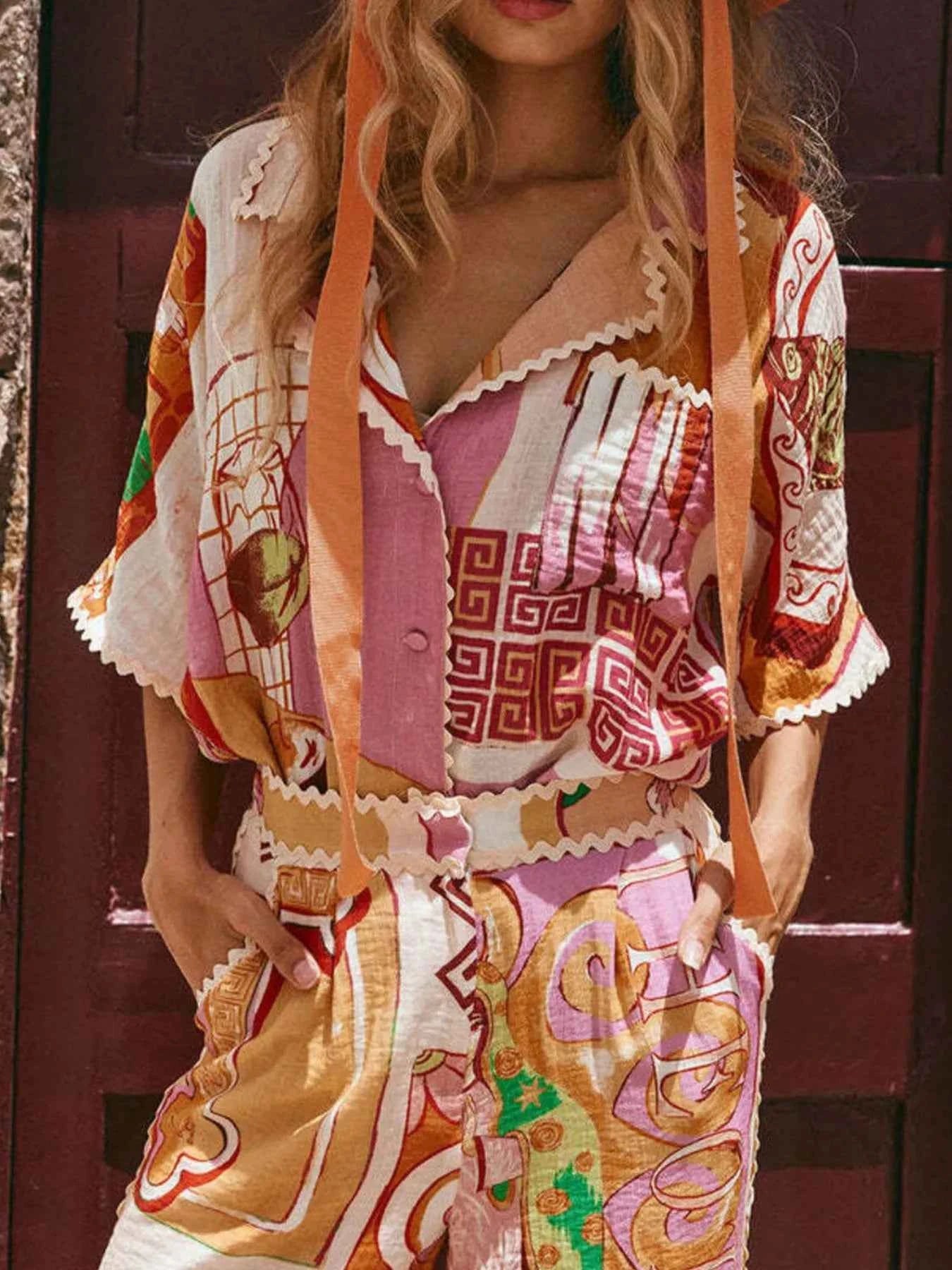 Printed Button-Up Shirt and Shorts Set.