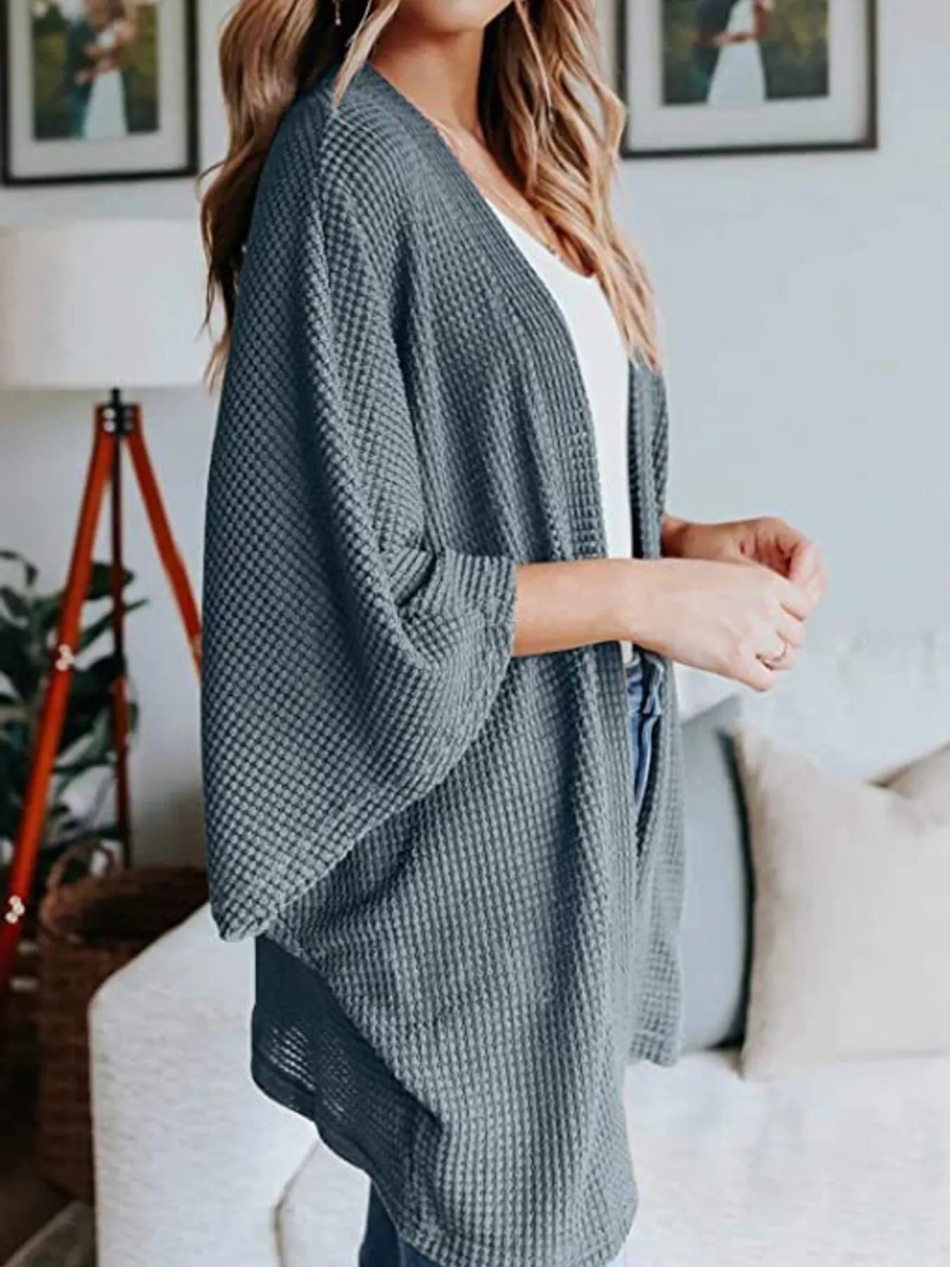 Plus Size Open Front Waffle Knit Cardigan.