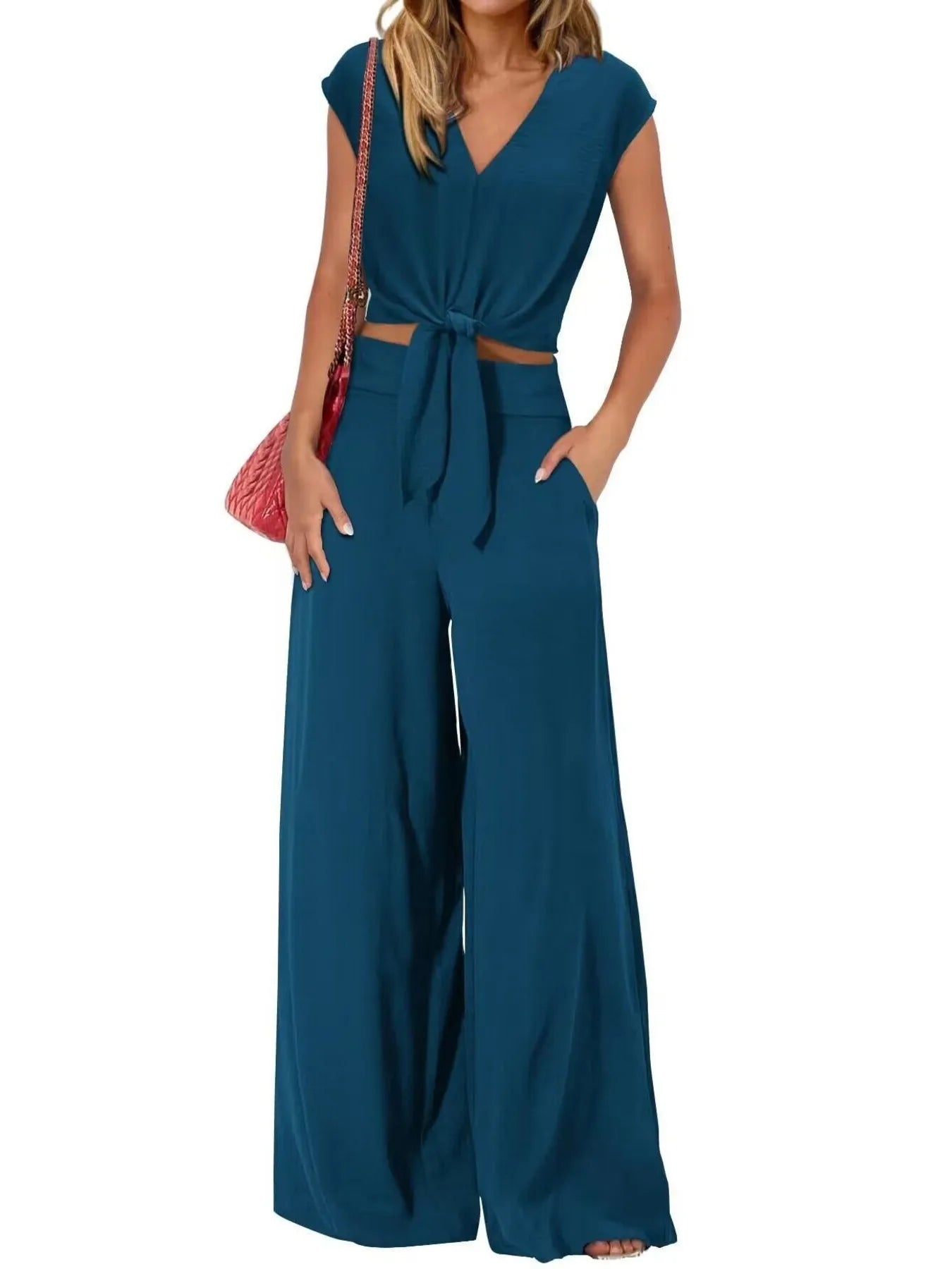 Tie Front Top & Wide Leg Pants Set.