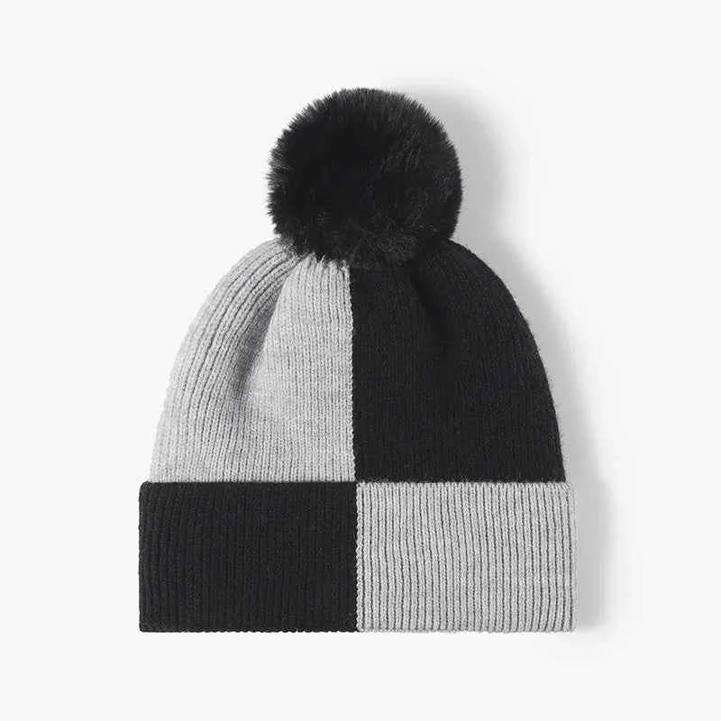 Color Block Knit Hat with Pom-pom.