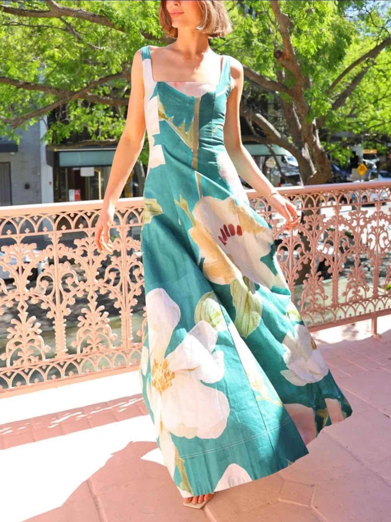 Floral Print Square Neck Maxi Dress.