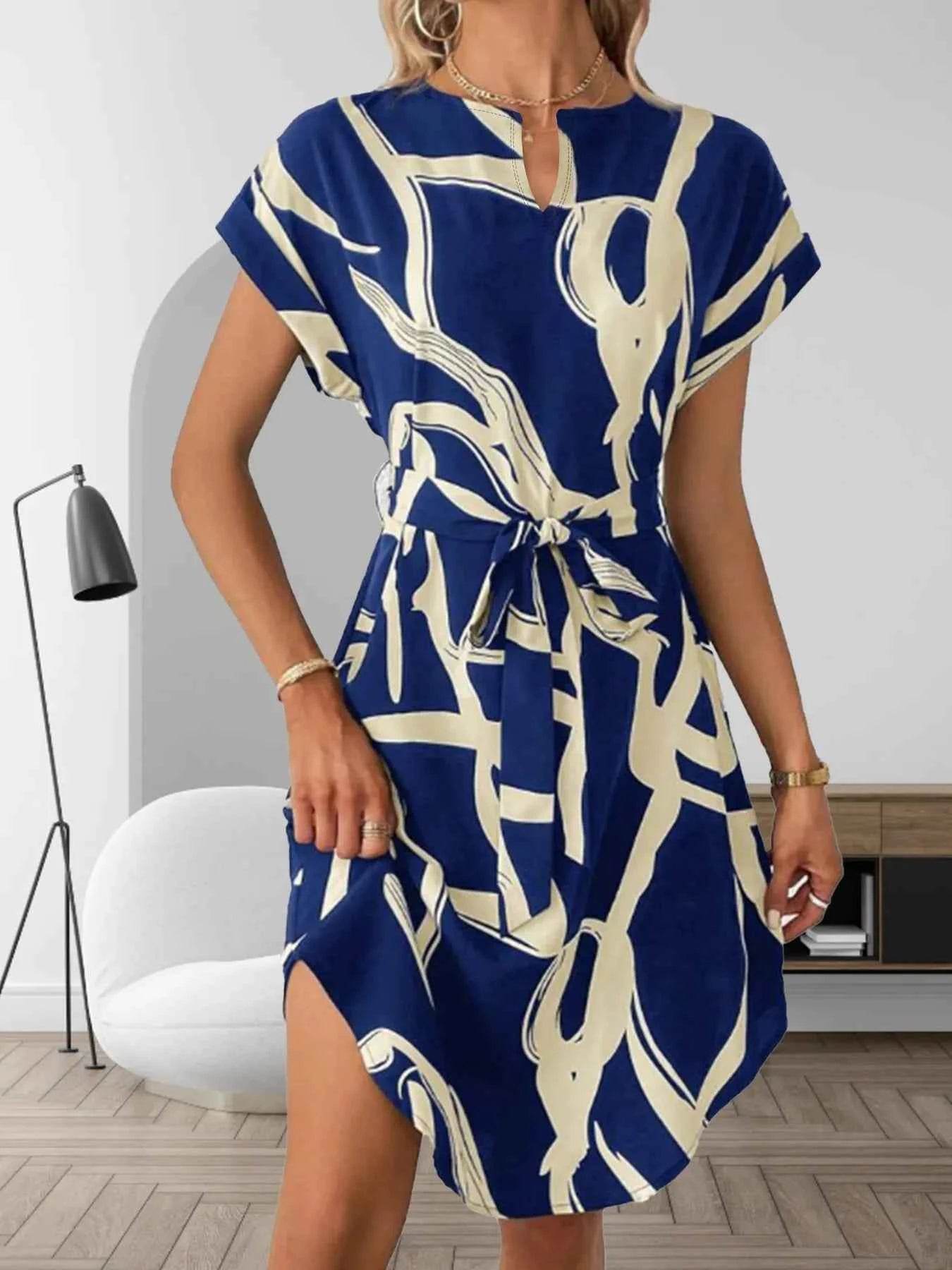Abstract Print Belted Midi Dress - Short Sleeve.