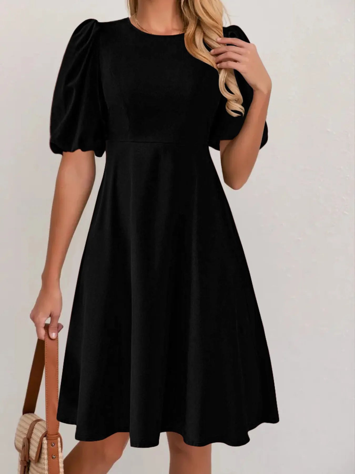 Round Neck Puff Sleeve A-Line Dress.