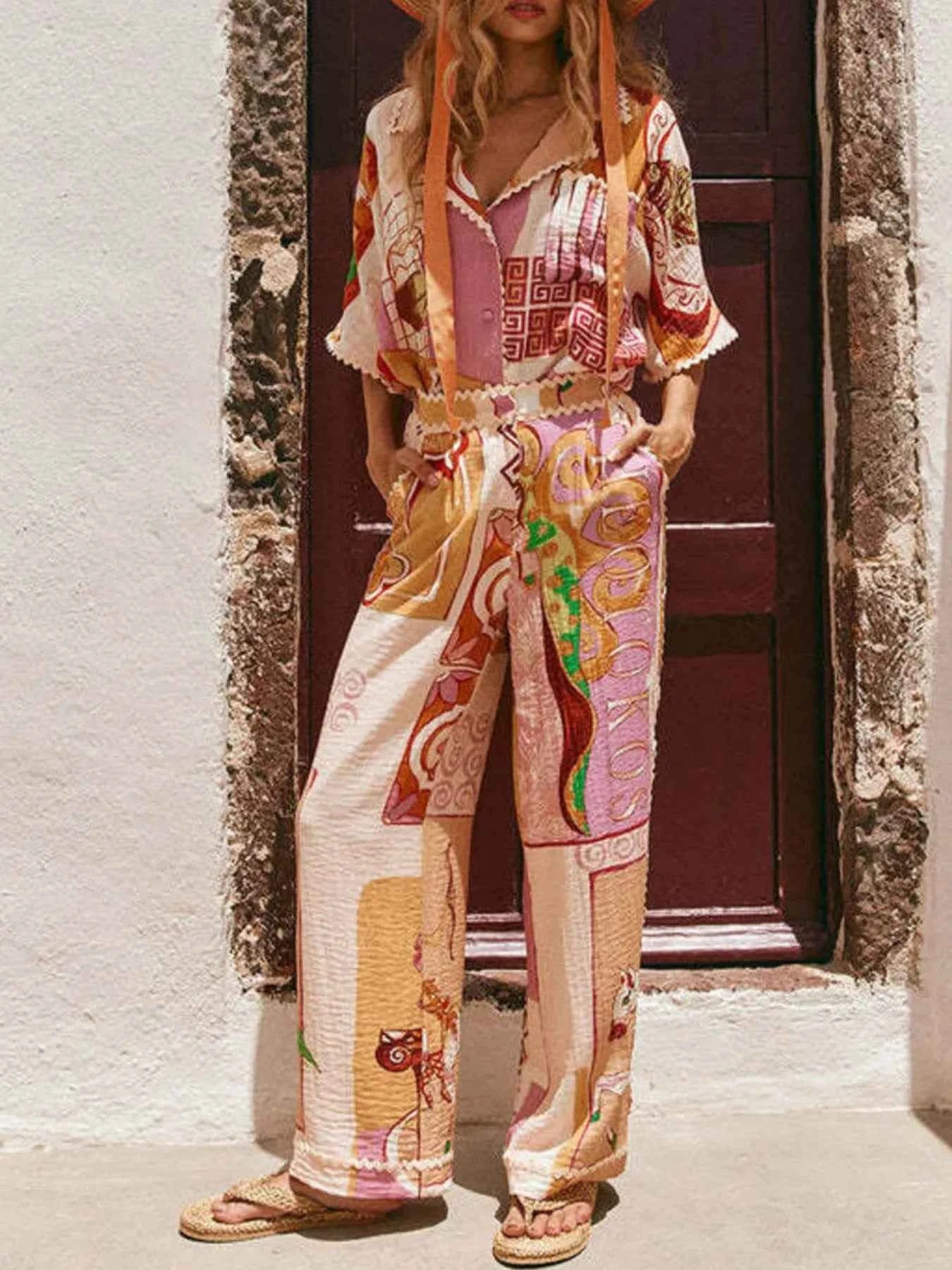 Printed Button-Up Shirt and Shorts Set.