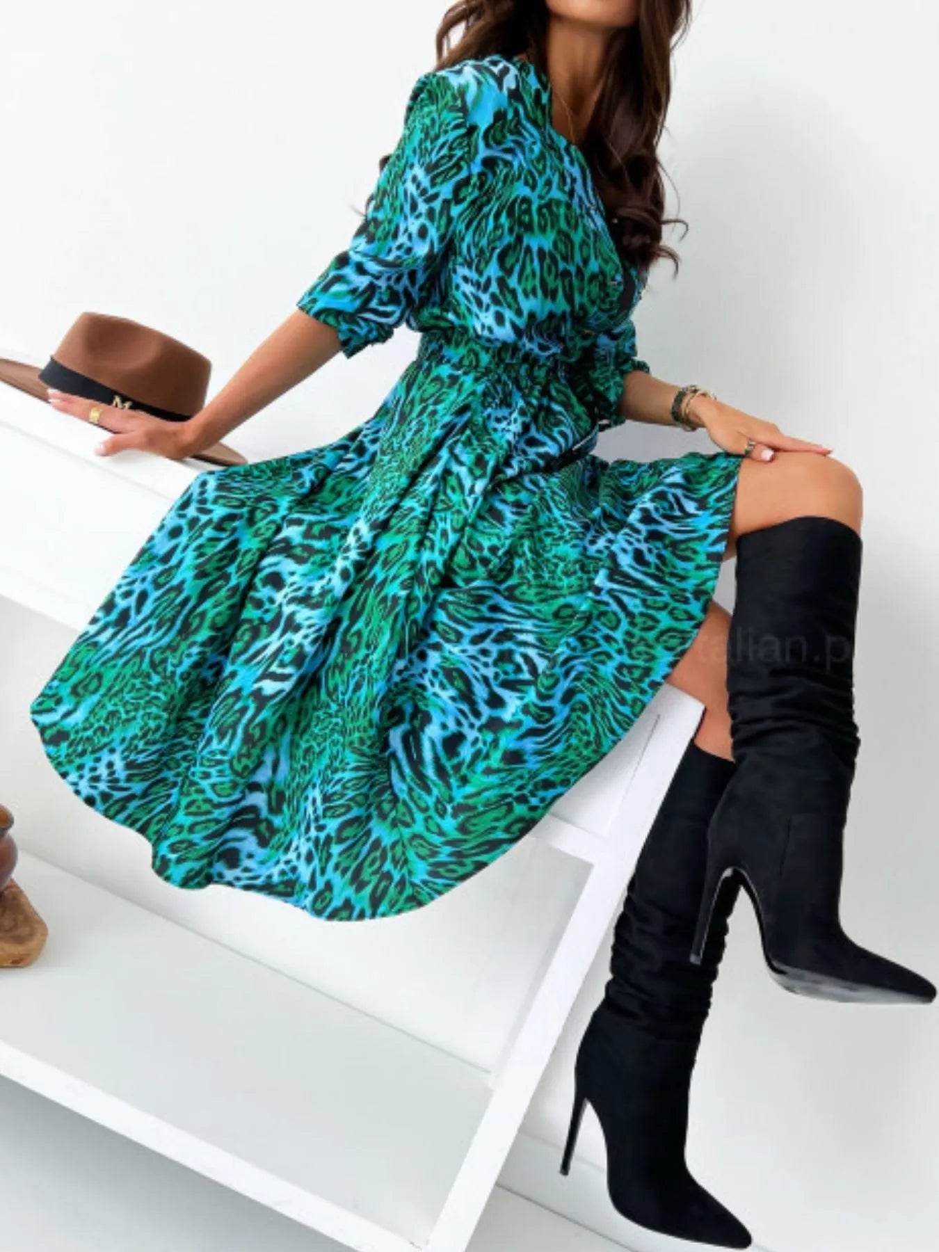 Printed Tie Waist Midi Dress.